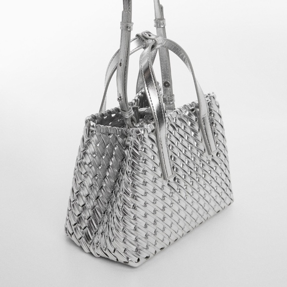 MANGO METALLIC SILVER DOUBLE-HANDLE BRAIDED WOVEN MINI BAG - Picture 4 of 6